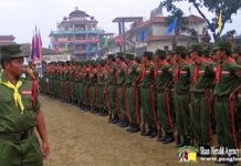 UWSA ၀ တပ်ဖွဲ နှစ် ၃၀ ပြည့်ငြိမ်းချမ်းရေးပွဲတော် မြောက်ပိုင်း ပန်ဆန်းနှင့် တောင်ပိုင်း ဟွေ့အော့တို့တွင် ကျင်းပမည် Photo by SHAN- ၀ တပ်ဖွဲ့၏ နှစ် ၂၀ ပြည့်ငြိမ်းချမ်းရေးပွဲတော်အခမ်းအနားမှ စစ်ရေးပြနေသည့် တပ်သားကေဒါများအားတွေ့ရစဉ်